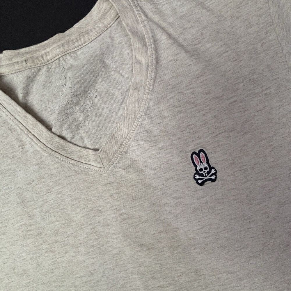Psycho Bunny Classic T-Shirt Mens 4 V-Neck Heathered Tan Pima Short Sleeve EUC